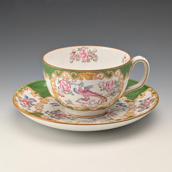 Early 20th Century British Minton Teacup and Saucer, Cockatrice, Green